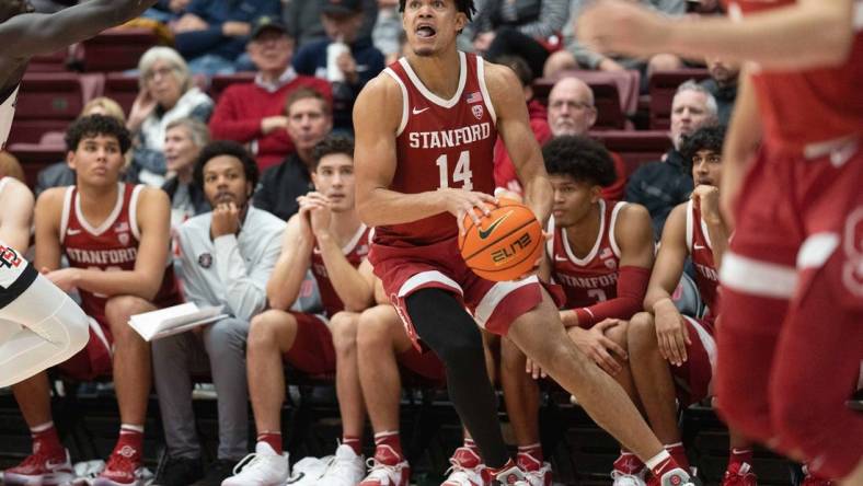 Nov 15, 2022; Stanford, California, USA; Stanford Cardinal forward Spencer Jones (14) attempts to shoot the ball during the second half against the San Diego State Aztecs at Maples Pavilion. Mandatory Credit: Stan Szeto-USA TODAY Sports