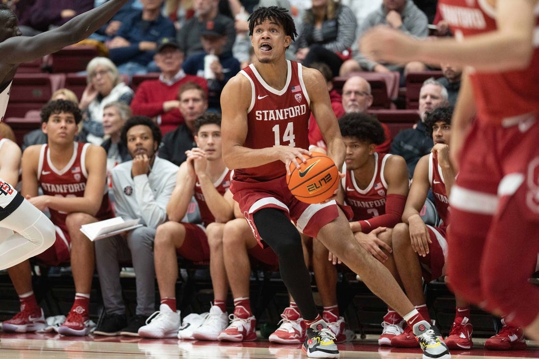 Nov 15, 2022; Stanford, California, USA; Stanford Cardinal forward Spencer Jones (14) attempts to shoot the ball during the second half against the San Diego State Aztecs at Maples Pavilion. Mandatory Credit: Stan Szeto-USA TODAY Sports