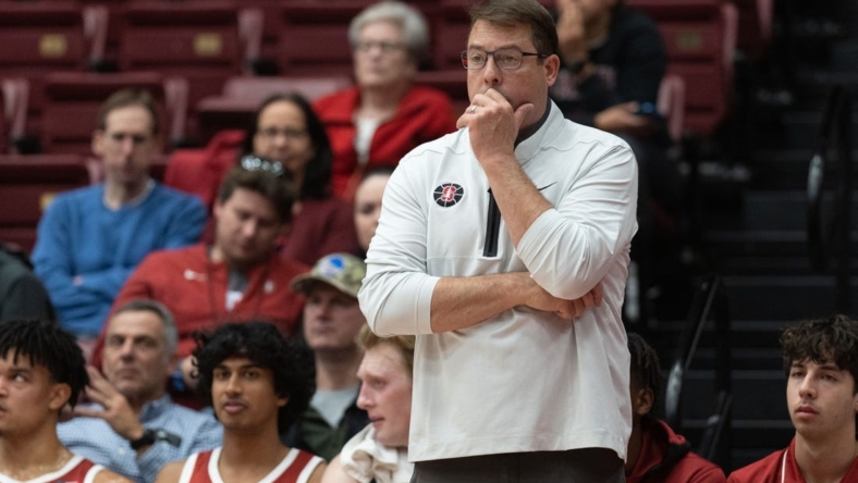 Nov 15, 2022; Stanford, California, USA;  Stanford Cardinal head coach Jerod Haase reacts during the second half against the San Diego State Aztecs at Maples Pavilion. Mandatory Credit: Stan Szeto-USA TODAY Sports
