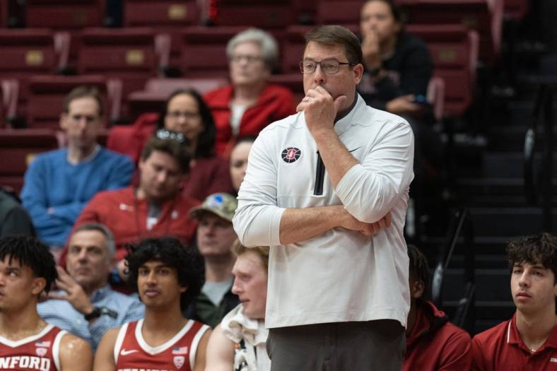 Nov 15, 2022; Stanford, California, USA;  Stanford Cardinal head coach Jerod Haase reacts during the second half against the San Diego State Aztecs at Maples Pavilion. Mandatory Credit: Stan Szeto-USA TODAY Sports