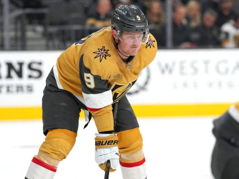 Nov 15, 2022; Las Vegas, Nevada, USA; Vegas Golden Knights center Jack Eichel (9) prepares for a face off against the San Jose Sharks during the first period at T-Mobile Arena. Mandatory Credit: Stephen R. Sylvanie-USA TODAY Sports