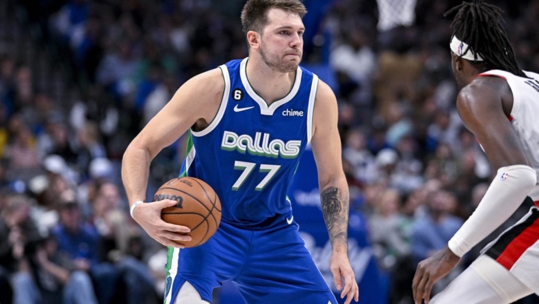 Nov 12, 2022; Dallas, Texas, USA; Dallas Mavericks guard Luka Doncic (77) in action during the game between the Dallas Mavericks and the Portland Trail Blazers at the American Airlines Center. Mandatory Credit: Jerome Miron-USA TODAY Sports