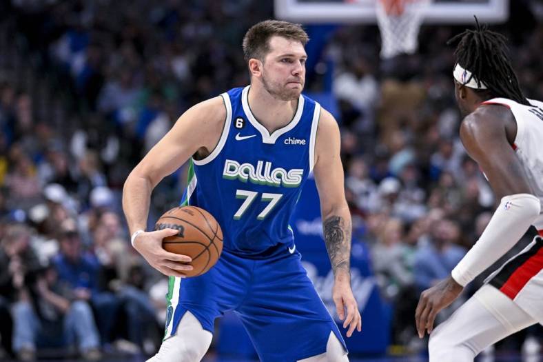Nov 12, 2022; Dallas, Texas, USA; Dallas Mavericks guard Luka Doncic (77) in action during the game between the Dallas Mavericks and the Portland Trail Blazers at the American Airlines Center. Mandatory Credit: Jerome Miron-USA TODAY Sports