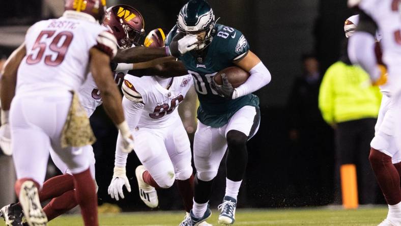 Nov 14, 2022; Philadelphia, Pennsylvania, USA; Philadelphia Eagles tight end Dallas Goedert (88) is tackled by the Washington Commanders at Lincoln Financial Field. Mandatory Credit: Bill Streicher-USA TODAY Sports