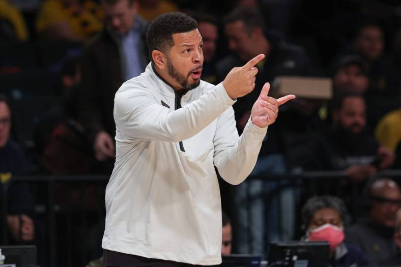 Nov 16, 2022; Brooklyn, New York, USA; Pittsburgh Panthers head coach Jeff Capel III reacts during the first half against the Michigan Wolverines at Barclays Center. Mandatory Credit: Vincent Carchietta-USA TODAY Sports