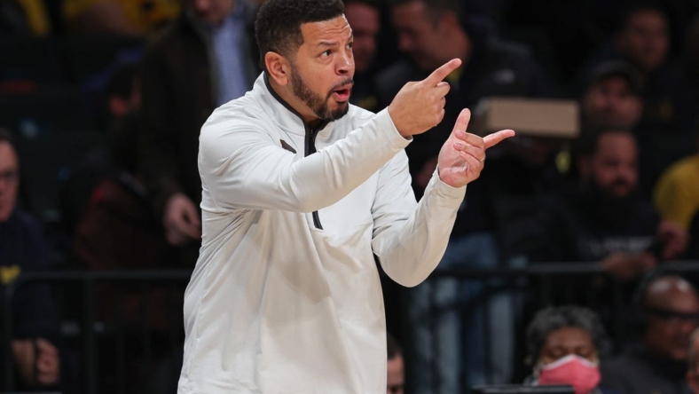 Nov 16, 2022; Brooklyn, New York, USA; Pittsburgh Panthers head coach Jeff Capel III reacts during the first half against the Michigan Wolverines at Barclays Center. Mandatory Credit: Vincent Carchietta-USA TODAY Sports