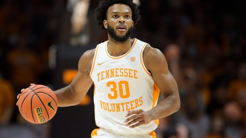 Tennessee guard Josiah-Jordan James (30) dribbles down the court during a game between Tennessee and FGCU at Thompson-Boling Arena Knoxville, Tenn., on Wednesday, Nov. 16, 2022.

Kns Ut Basketball Vs Fgcu