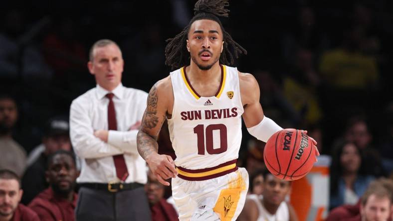 Nov 16, 2022; Brooklyn, New York, USA; Arizona State Sun Devils guard Frankie Collins (10) dribbles up court during the first half against the Virginia Commonwealth Rams at Barclays Center. Mandatory Credit: Vincent Carchietta-USA TODAY Sports