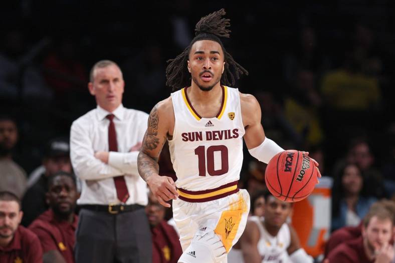 Nov 16, 2022; Brooklyn, New York, USA; Arizona State Sun Devils guard Frankie Collins (10) dribbles up court during the first half against the Virginia Commonwealth Rams at Barclays Center. Mandatory Credit: Vincent Carchietta-USA TODAY Sports