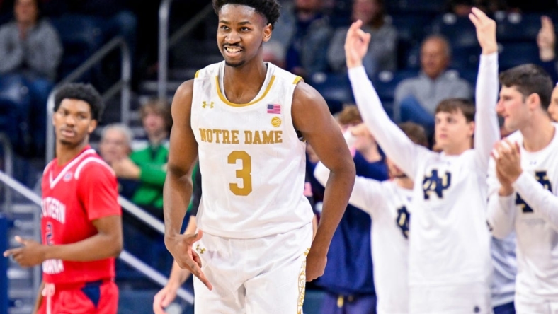 Nov 16, 2022; South Bend, Indiana, USA; Notre Dame Fighting Irish guard Trey Wertz (3) reacts after a three point basket in the second half against the Southern Indiana Screaming Eagles at the Purcell Pavilion.