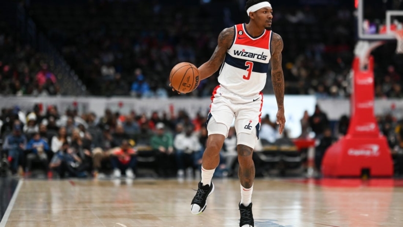 Nov 16, 2022; Washington, District of Columbia, USA;  Washington Wizards guard Bradley Beal (3) during the second half against the Oklahoma City Thunder at Capital One Arena. Mandatory Credit: Tommy Gilligan-USA TODAY Sports