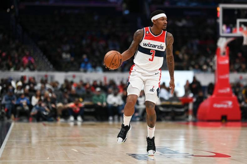 Nov 16, 2022; Washington, District of Columbia, USA;  Washington Wizards guard Bradley Beal (3) during the second half against the Oklahoma City Thunder at Capital One Arena. Mandatory Credit: Tommy Gilligan-USA TODAY Sports