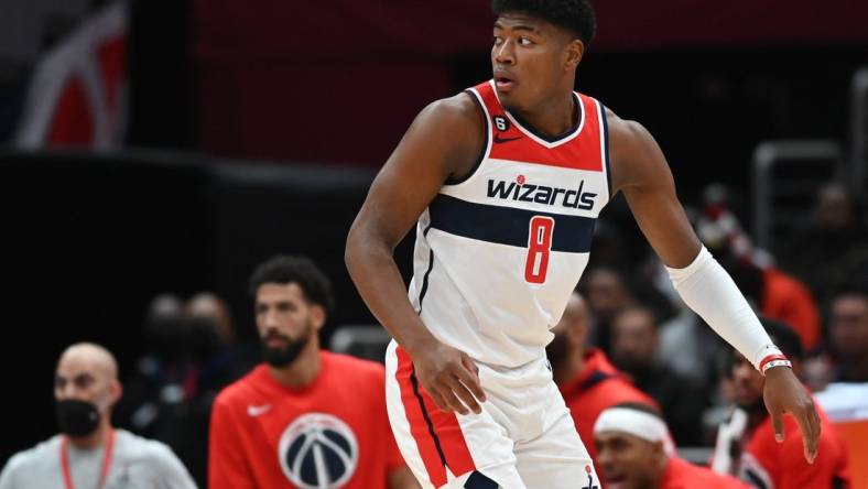 Nov 16, 2022; Washington, District of Columbia, USA; Washington Wizards forward Rui Hachimura (8) defends during the second half against the Oklahoma City Thunder  at Capital One Arena. Mandatory Credit: Tommy Gilligan-USA TODAY Sports