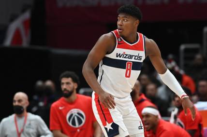 Nov 16, 2022; Washington, District of Columbia, USA; Washington Wizards forward Rui Hachimura (8) defends during the second half against the Oklahoma City Thunder  at Capital One Arena. Mandatory Credit: Tommy Gilligan-USA TODAY Sports