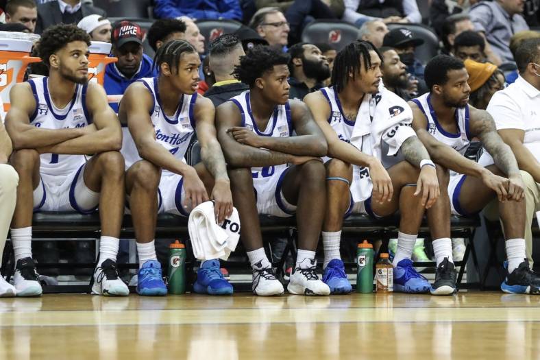 Nov 16, 2022; Newark, New Jersey, USA;  The Seton Hall Pirates bench looks on as the final minute winds down in the second half against the Iowa Hawkeyes at Prudential Center. Mandatory Credit: Wendell Cruz-USA TODAY Sports