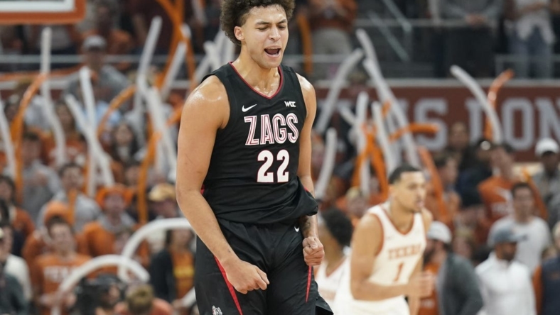 Nov 16, 2022; Austin, Texas, USA; Gonzaga Bulldogs forward Anton Watson (22) reacts after scoring a three point basket during the first half against the Texas Longhorns at Moody Center. Mandatory Credit: Scott Wachter-USA TODAY Sports