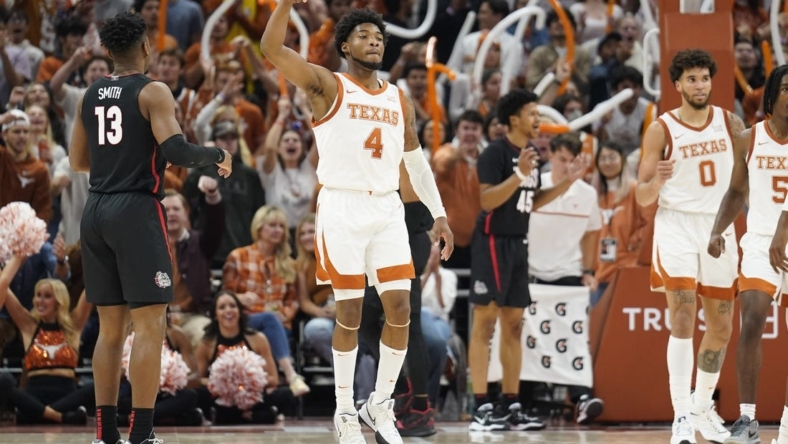 Nov 16, 2022; Austin, Texas, USA; Texas Longhorns guard Tyrese Hunter (4) reacts after scoring a three-pointer during the second half against the Gonzaga Bulldogs at Moody Center. Mandatory Credit: Scott Wachter-USA TODAY Sports