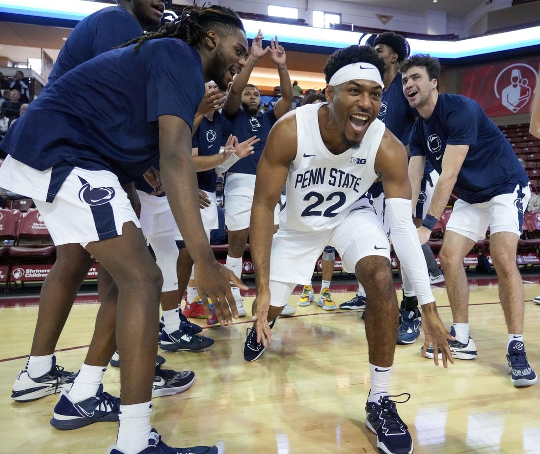 Nov 17, 2022; Charleston, South Carolina, USA; Penn State Nittany Lions guard Jalen Pickett (22) is introduced prior to a game against the Furman Paladins at TD Arena. Mandatory Credit: David Yeazell-USA TODAY Sports