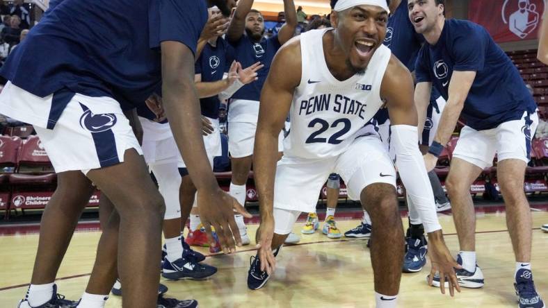 Nov 17, 2022; Charleston, South Carolina, USA; Penn State Nittany Lions guard Jalen Pickett (22) is introduced prior to a game against the Furman Paladins at TD Arena. Mandatory Credit: David Yeazell-USA TODAY Sports