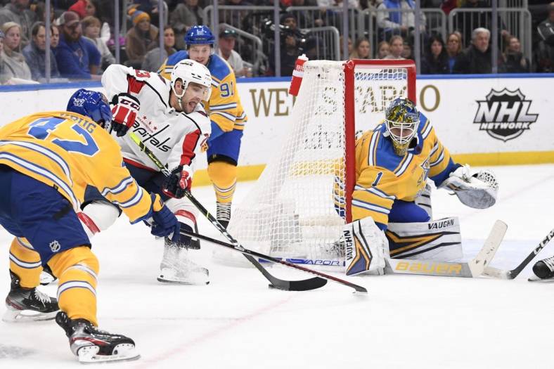 Nov 17, 2022; St. Louis, Missouri, USA; St. Louis Blues goaltender Thomas Greiss (1) defends the net from Washington Capitals left wing Conor Sheary (73) during the first period at Enterprise Center. Mandatory Credit: Jeff Le-USA TODAY Sports