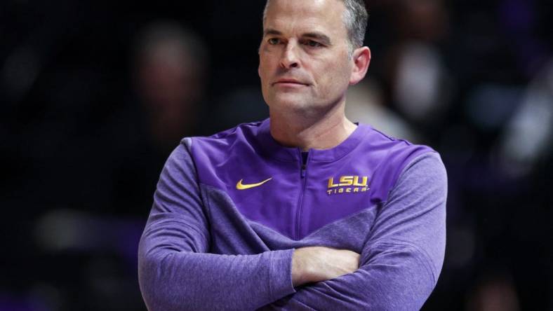 Nov 17, 2022; Baton Rouge, Louisiana, USA; LSU Tigers head coach Matt McMahon looks on against the New Orleans Privateers during the second half at Pete Maravich Assembly Center. Mandatory Credit: Stephen Lew-USA TODAY Sports