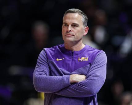 Nov 17, 2022; Baton Rouge, Louisiana, USA; LSU Tigers head coach Matt McMahon looks on against the New Orleans Privateers during the second half at Pete Maravich Assembly Center. Mandatory Credit: Stephen Lew-USA TODAY Sports