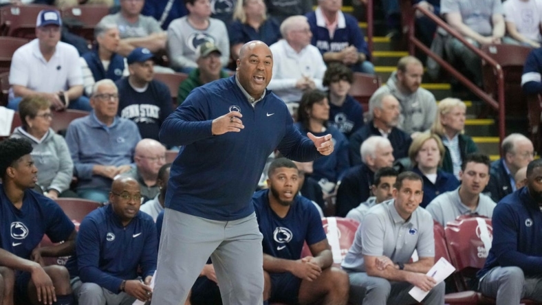 Nov 18, 2022; Charleston, South Carolina, USA; Penn State Nittany Lions head coach Micah Shrewsberry reacts to the action against the Virginia Tech Hokies in the first half at TD Arena. Mandatory Credit: David Yeazell-USA TODAY Sports