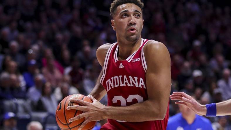 Nov 18, 2022; Cincinnati, Ohio, USA; Indiana Hoosiers forward Trayce Jackson-Davis (23) drives to the basket against the Xavier Musketeers in the first half at Cintas Center. Mandatory Credit: Katie Stratman-USA TODAY Sports