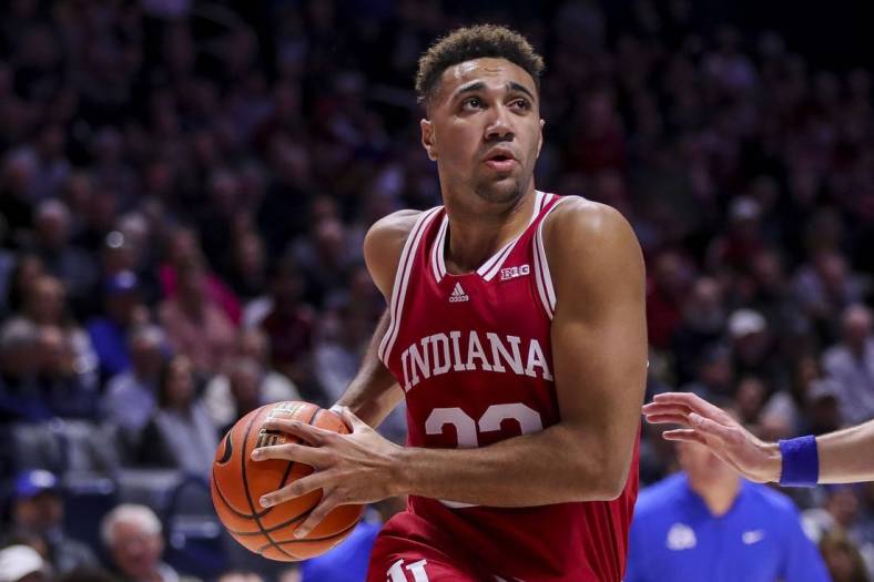 Nov 18, 2022; Cincinnati, Ohio, USA; Indiana Hoosiers forward Trayce Jackson-Davis (23) drives to the basket against the Xavier Musketeers in the first half at Cintas Center. Mandatory Credit: Katie Stratman-USA TODAY Sports