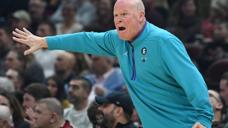 Nov 18, 2022; Cleveland, Ohio, USA; Charlotte Hornets head coach Steve Clifford yells out instructions to his team during the first half against the Cleveland Cavaliers at Rocket Mortgage FieldHouse. Mandatory Credit: Ken Blaze-USA TODAY Sports