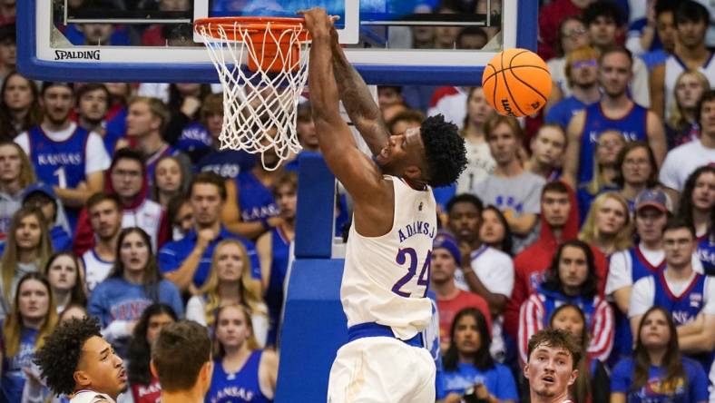 Nov 18, 2022; Lawrence, Kansas, USA; Kansas Jayhawks forward K.J. Adams Jr. (24) misses a dunk against the Southern Utah Thunderbirds during the first half at Allen Fieldhouse. Mandatory Credit: Denny Medley-USA TODAY Sports