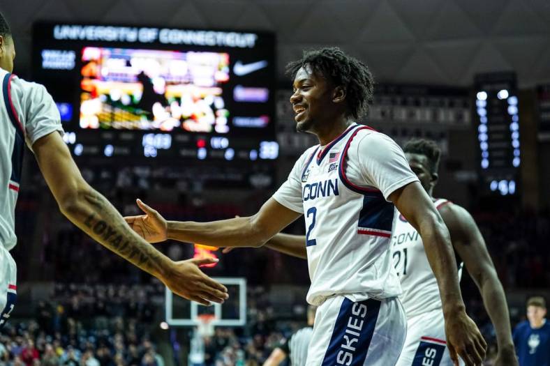Nov 18, 2022; Storrs, Connecticut, USA; Connecticut Huskies guard Tristen Newton (2) reacts after a play against the North Carolina-Wilmington Seahawks in the second half at Harry A. Gampel Pavilion. Mandatory Credit: David Butler II-USA TODAY Sports