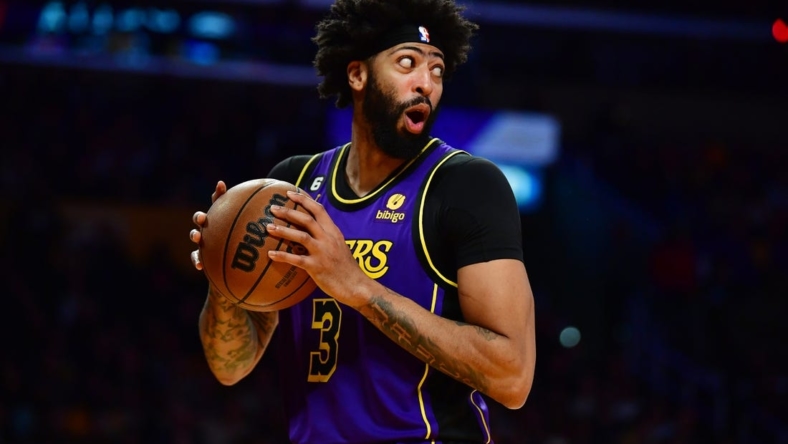 Nov 18, 2022; Los Angeles, California, USA; Los Angeles Lakers forward Anthony Davis (3) reacts during the second half at Crypto.com Arena. Mandatory Credit: Gary A. Vasquez-USA TODAY Sports