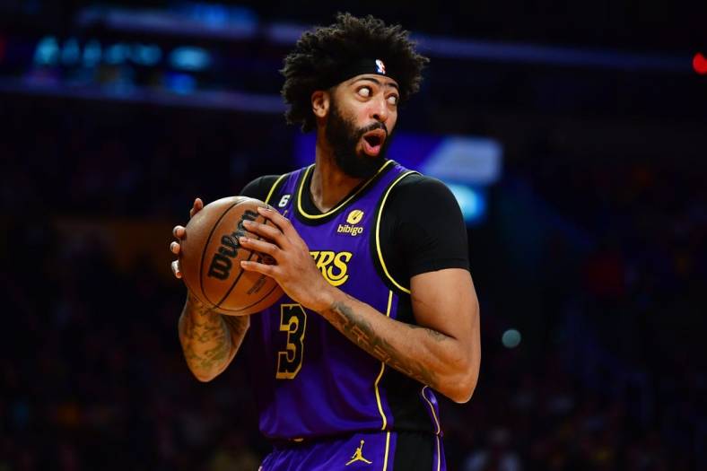 Nov 18, 2022; Los Angeles, California, USA; Los Angeles Lakers forward Anthony Davis (3) reacts during the second half at Crypto.com Arena. Mandatory Credit: Gary A. Vasquez-USA TODAY Sports