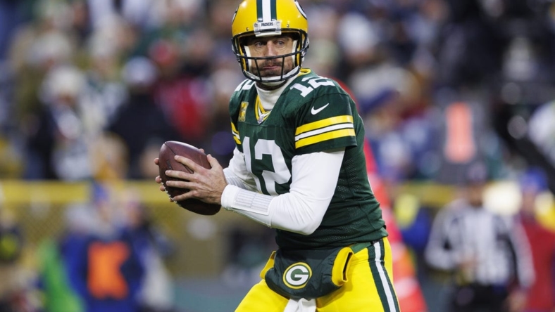 Nov 13, 2022; Green Bay, Wisconsin, USA;  Green Bay Packers quarterback Aaron Rodgers (12) during the game against the Dallas Cowboys at Lambeau Field. Mandatory Credit: Jeff Hanisch-USA TODAY Sports