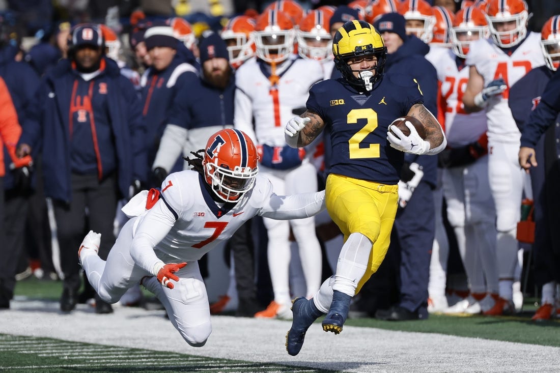 Nov 19, 2022; Ann Arbor, Michigan, USA;  Michigan Wolverines running back Blake Corum (2) rushes in the first half against the Illinois Fighting Illini at Michigan Stadium. Mandatory Credit: Rick Osentoski-USA TODAY Sports