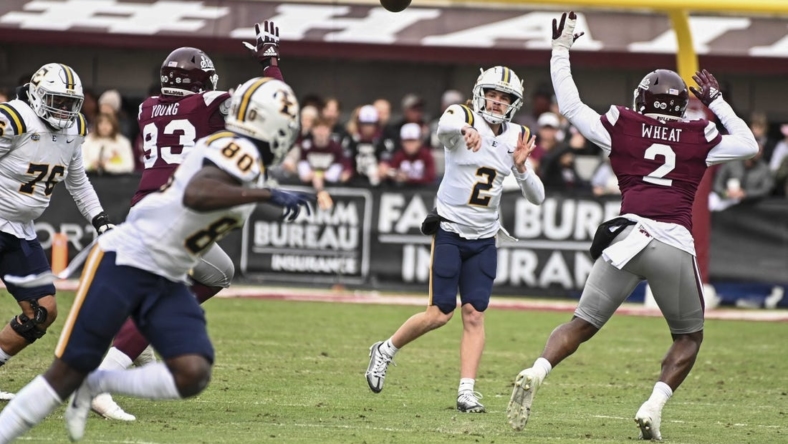 Nov 19, 2022; Starkville, Mississippi, USA; East Tennessee State Buccaneers quarterback Tyler Riddell (2) makes a pass against the Mississippi State Bulldogs during the first quarter at Davis Wade Stadium at Scott Field. Mandatory Credit: Matt Bush-USA TODAY Sports
