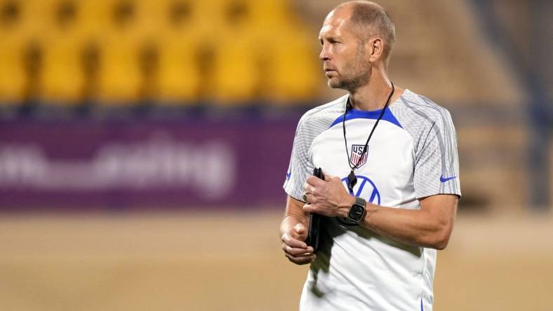 Nov 19, 2022; Doha, QATAR; United States coach Gregg Berhalter on the field during a training session at Al Gharrafa Stadium on Saturday, November 19, 2022. Mandatory Credit: Danielle Parhizkaran-USA TODAY Sports