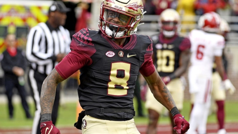 Nov 19, 2022; Tallahassee, Florida, USA; Florida State University wide receiver defensive back Renardo Green (8) reacts during the second half against the Louisiana Ragin' Cajuns at Doak S. Campbell Stadium. Mandatory Credit: Melina Myers-USA TODAY Sports