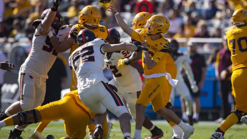 Nov 19, 2022; Tempe, Arizona, USA; Arizona State Sun Devils quarterback Trenton Bourguet (16) against the Oregon State Beavers during the first half at Sun Devil Stadium. Mandatory Credit: Mark J. Rebilas-USA TODAY Sports