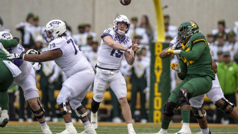 Nov 19, 2022; Waco, Texas, USA; TCU Horned Frogs quarterback Max Duggan (15) passes against the Baylor Bears during the second half at McLane Stadium. Mandatory Credit: Jerome Miron-USA TODAY Sports