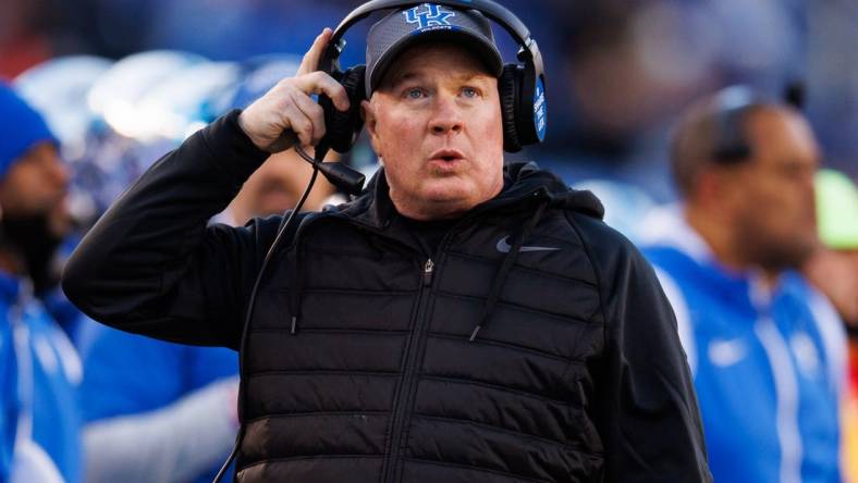 Nov 19, 2022; Lexington, Kentucky, USA; Kentucky Wildcats head coach Mark Stoops looks on during the first quarter against the Georgia Bulldogs at Kroger Field. Mandatory Credit: Jordan Prather-USA TODAY Sports