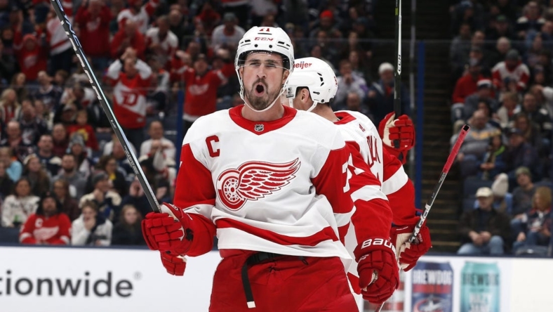Nov 19, 2022; Columbus, Ohio, USA; Detroit Red Wings center Dylan Larkin (71) celebrates after a goal against the Columbus Blue Jackets during the first period at Nationwide Arena. Mandatory Credit: Russell LaBounty-USA TODAY Sports
