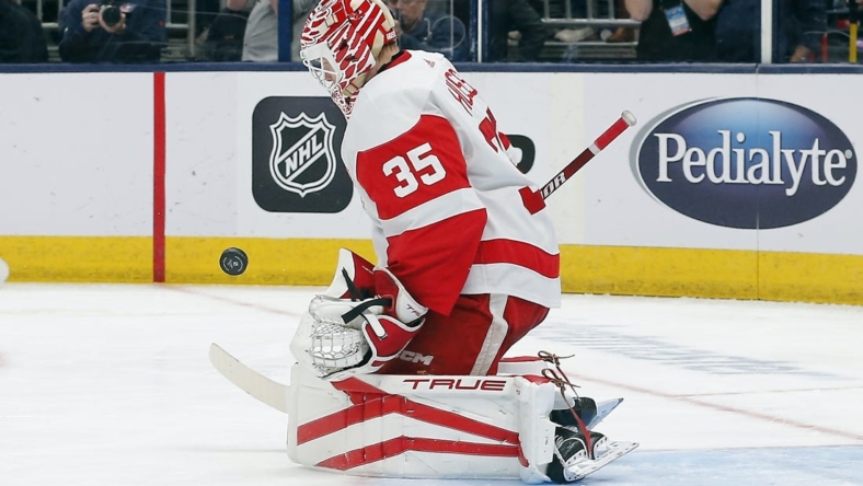 Nov 19, 2022; Columbus, Ohio, USA; Detroit Red Wings goalie Ville Husso (35) makes a save against the Columbus Blue Jackets during the second period at Nationwide Arena. Mandatory Credit: Russell LaBounty-USA TODAY Sports