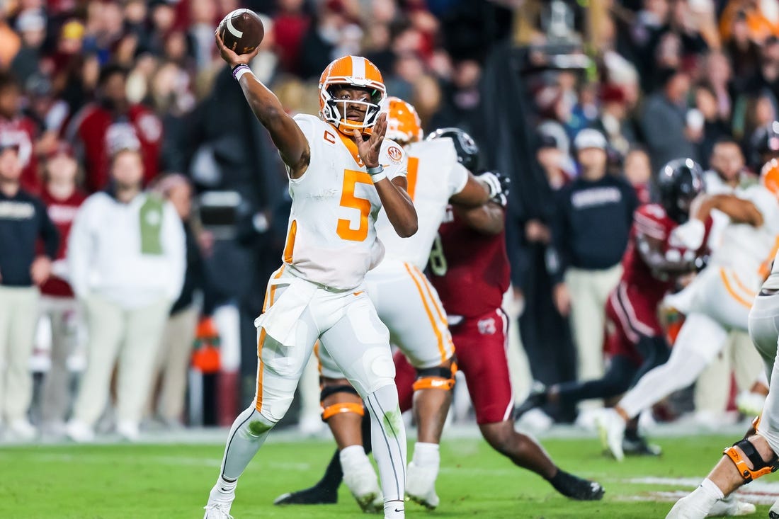 Nov 19, 2022; Columbia, South Carolina, USA; Tennessee Volunteers quarterback Hendon Hooker (5) passes against the South Carolina Gamecocks in the second quarter at Williams-Brice Stadium. Mandatory Credit: Jeff Blake-USA TODAY Sports