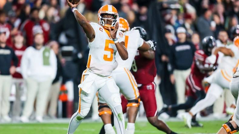 Nov 19, 2022; Columbia, South Carolina, USA; Tennessee Volunteers quarterback Hendon Hooker (5) passes against the South Carolina Gamecocks in the second quarter at Williams-Brice Stadium. Mandatory Credit: Jeff Blake-USA TODAY Sports