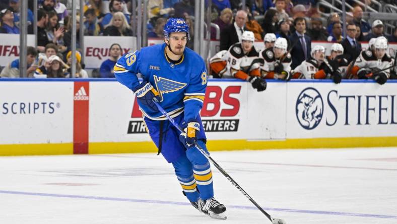 Nov 19, 2022; St. Louis, Missouri, USA;  St. Louis Blues left wing Pavel Buchnevich (89) controls the puck against the Anaheim Ducks during the second period at Enterprise Center. Mandatory Credit: Jeff Curry-USA TODAY Sports