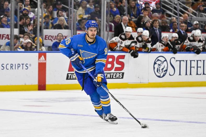 Nov 19, 2022; St. Louis, Missouri, USA;  St. Louis Blues left wing Pavel Buchnevich (89) controls the puck against the Anaheim Ducks during the second period at Enterprise Center. Mandatory Credit: Jeff Curry-USA TODAY Sports