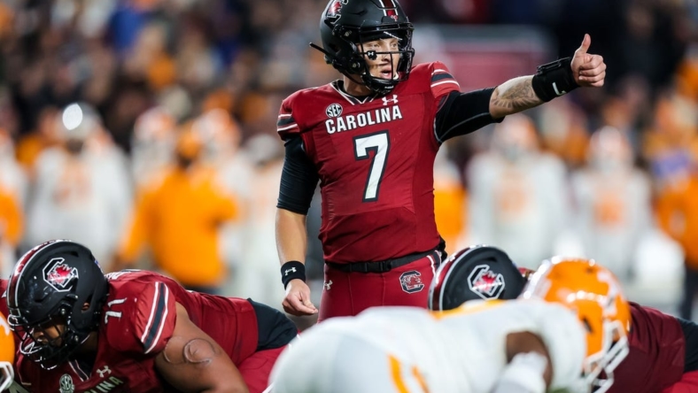 Nov 19, 2022; Columbia, South Carolina, USA; South Carolina Gamecocks quarterback Spencer Rattler (7) directs his offense against the Tennessee Volunteers in the second half at Williams-Brice Stadium. Mandatory Credit: Jeff Blake-USA TODAY Sports