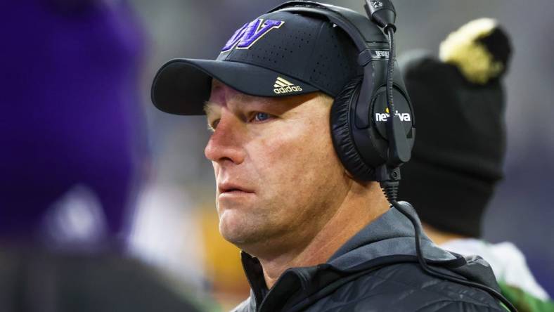 Nov 19, 2022; Seattle, Washington, USA; Washington Huskies head coach Kalen DeBoer stands on the sideline  during the third quarter against the Colorado Buffaloes at Alaska Airlines Field at Husky Stadium. Mandatory Credit: Joe Nicholson-USA TODAY Sports